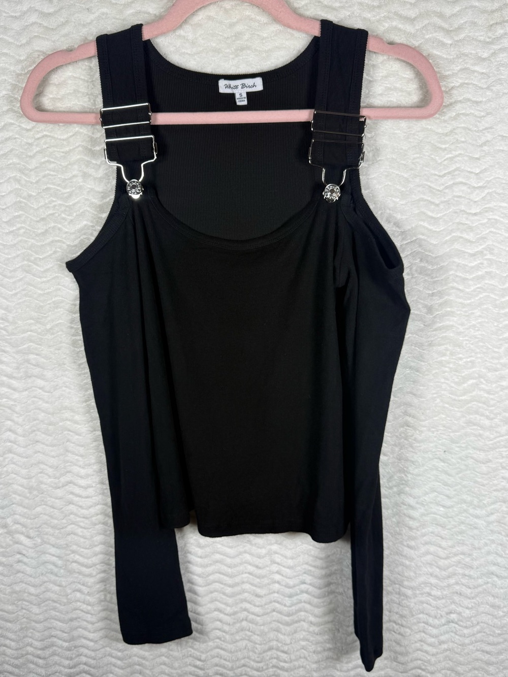 white birch Black Top with Buckle Strap Detail open shoulder long sleeve. So 🔥